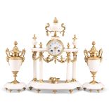 A FRENCH GILT-METAL MOUNTED WHITE MARBLE CLOCK GARNITURE