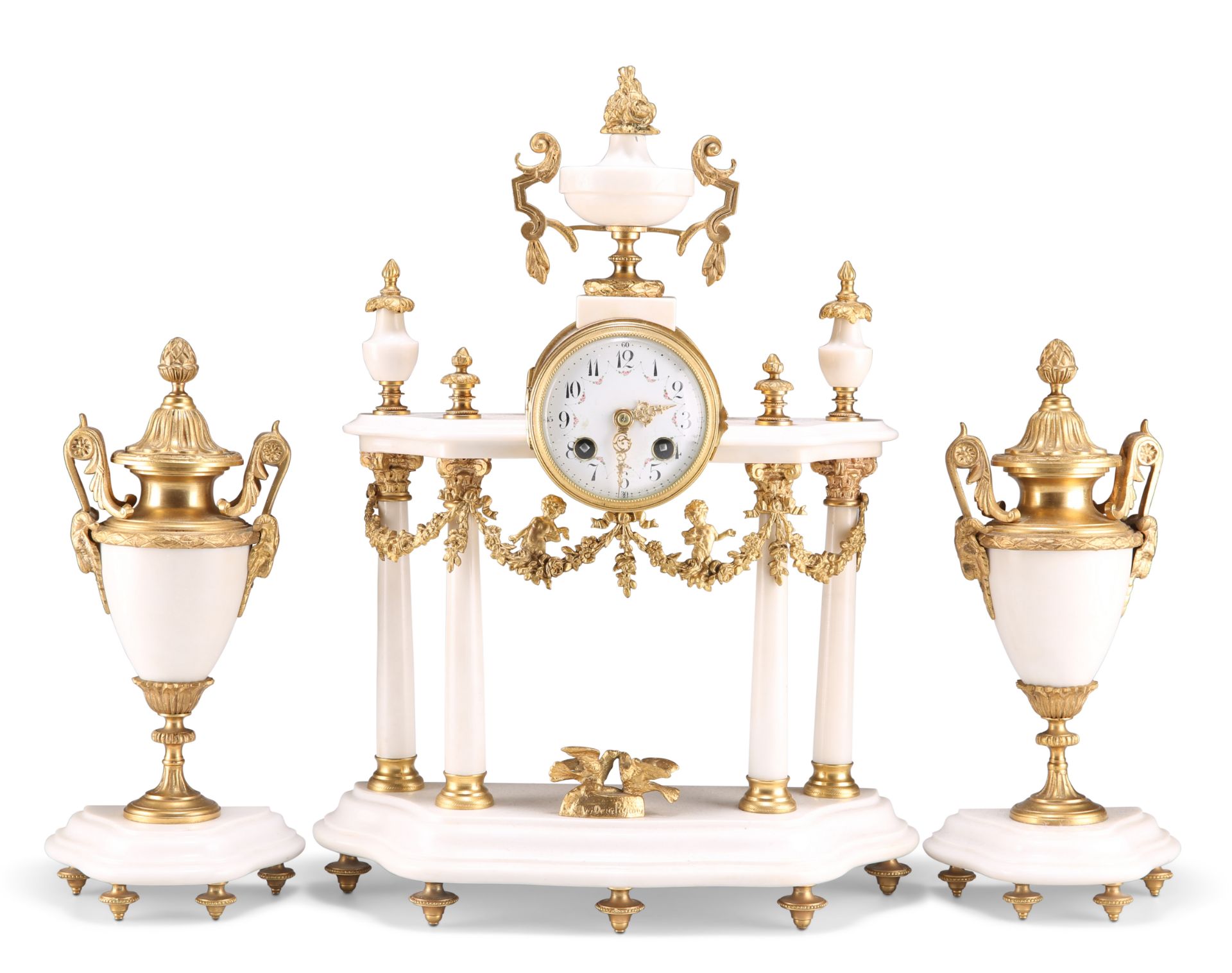 A FRENCH GILT-METAL MOUNTED WHITE MARBLE CLOCK GARNITURE