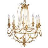 A CONTINENTAL PAINTED AND GILDED METAL CHANDELIER