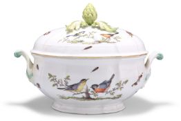 A MEISSEN ORNITHOLOGICAL TWO-HANDLED TUREEN AND COVER