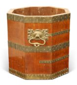 AN ARTS AND CRAFTS BRASS BOUND COOPERED TEAK BUCKET