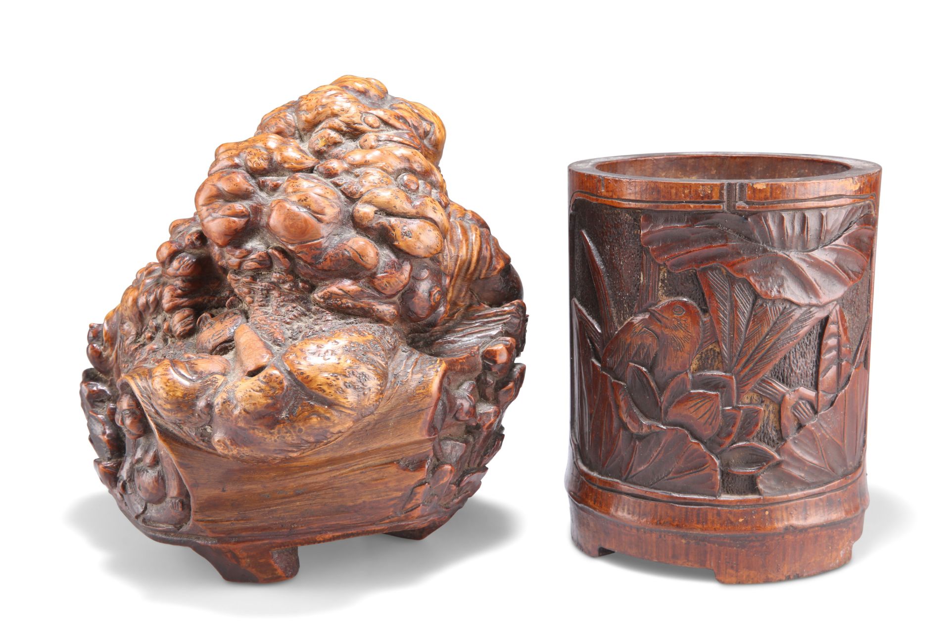 A CHINESE ROOT WOOD CARVING AND A BAMBOO BRUSH POT