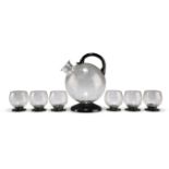 AN ETCHED AND BLACK GLASS DRINKS SET, POSSIBLY ORREFORS