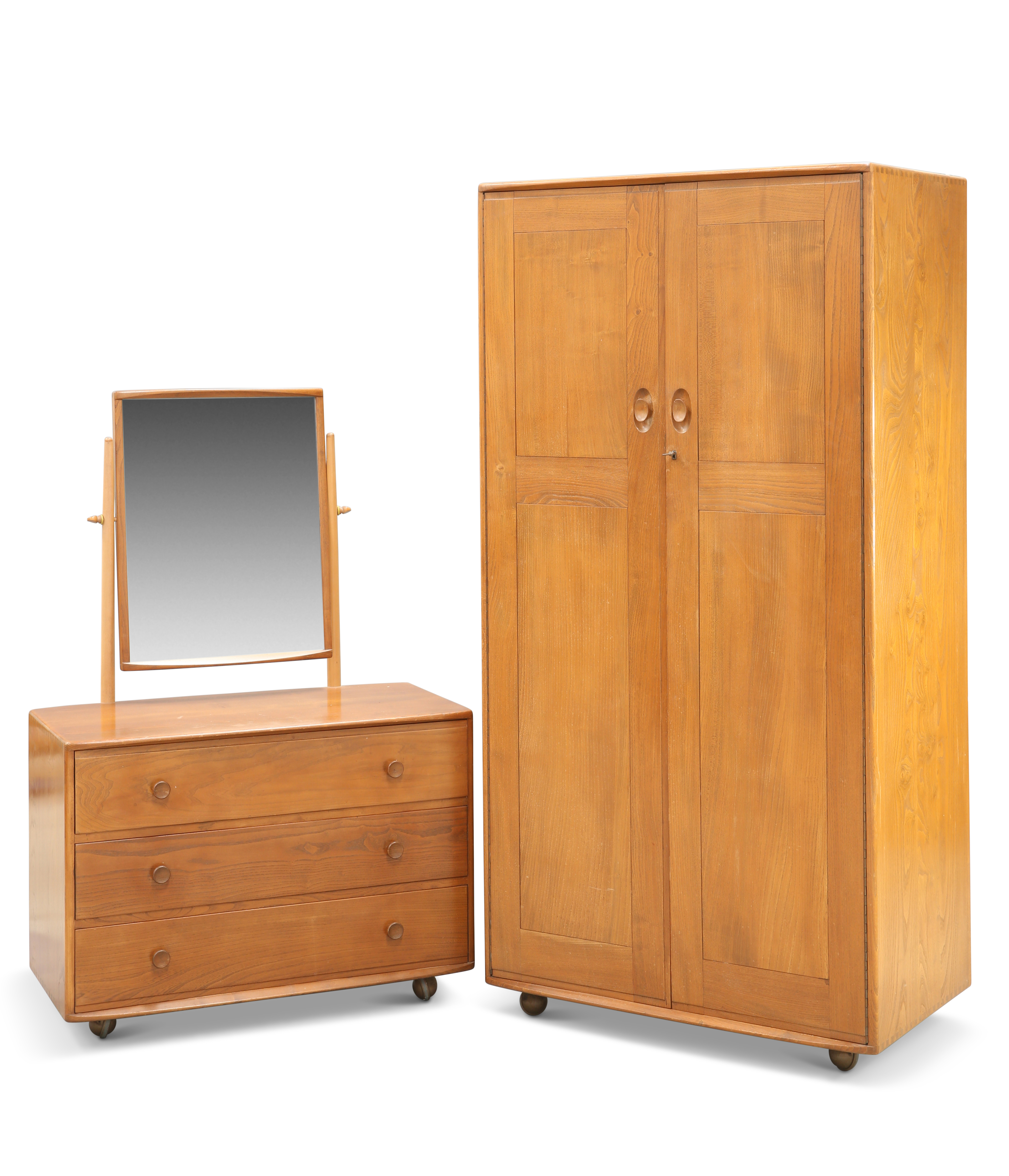 A VINTAGE ERCOL TWO-DOOR WARDROBE AND DRESSING CHEST