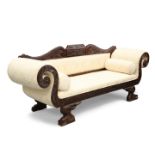 A HANDSOME 19TH CENTURY STYLE MAHOGANY AND UPHOLSTERED SOFA