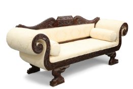 A HANDSOME 19TH CENTURY STYLE MAHOGANY AND UPHOLSTERED SOFA