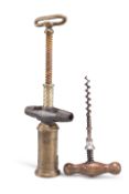 A VICTORIAN DOWLER PATENT BRASS AND TREEN CORKSCREW