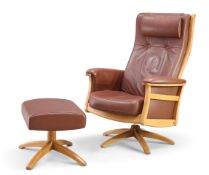 AN ERCOL LEATHER UPHOLSTERED RECLINING SWIVEL ARMCHAIR