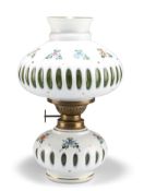 A BOHEMIAN WHITE AND GREEN OVERLAID GLASS OIL LAMP