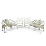 A PAIR OF WHITE PAINTED CAST IRON GARDEN BENCHES AND FOLDING CHAIRS