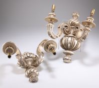 A PAIR OF BAROQUE STYLE SILVERED WOOD TWO-LIGHT WALL SCONCES
