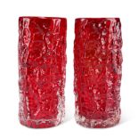 A PAIR OF WHITEFRIARS RUBY GLASS BARK VASES