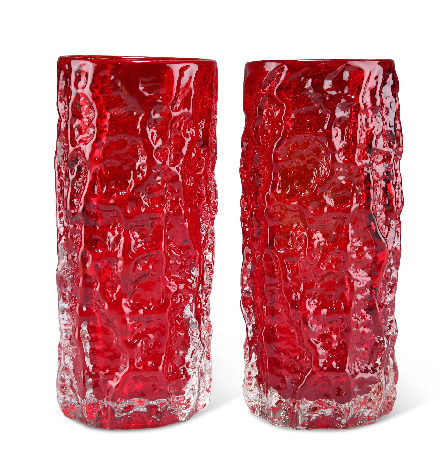 A PAIR OF WHITEFRIARS RUBY GLASS BARK VASES