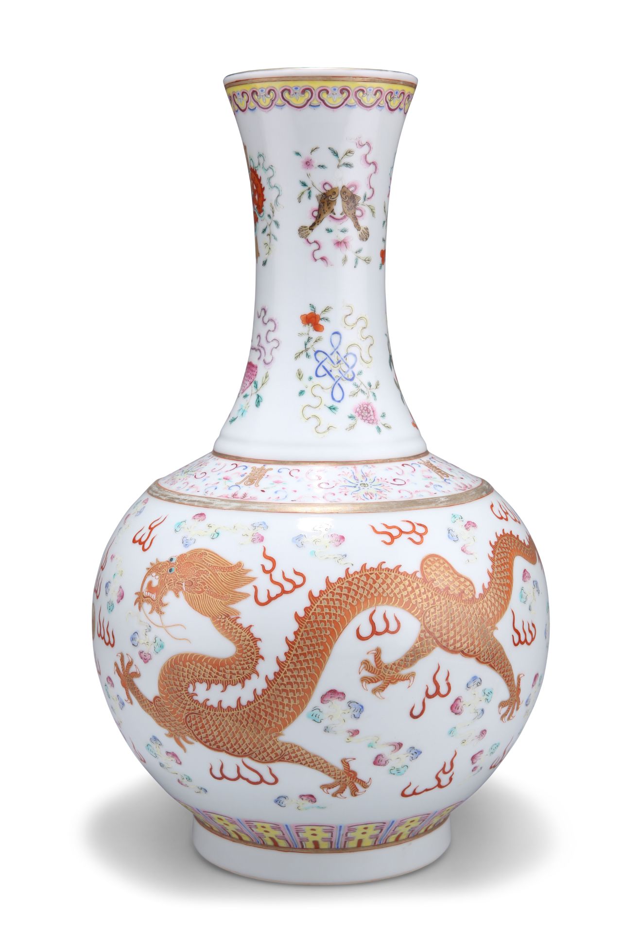 A CHINESE FAMILLE ROSE 'DRAGON' BOTTLE VASE