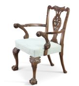AN 18TH CENTURY STYLE CARVED MAHOGANY OPEN ARMCHAIR, 19TH CENTURY
