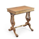 A REGENCY MAHOGANY LYRE-END SIDE TABLE