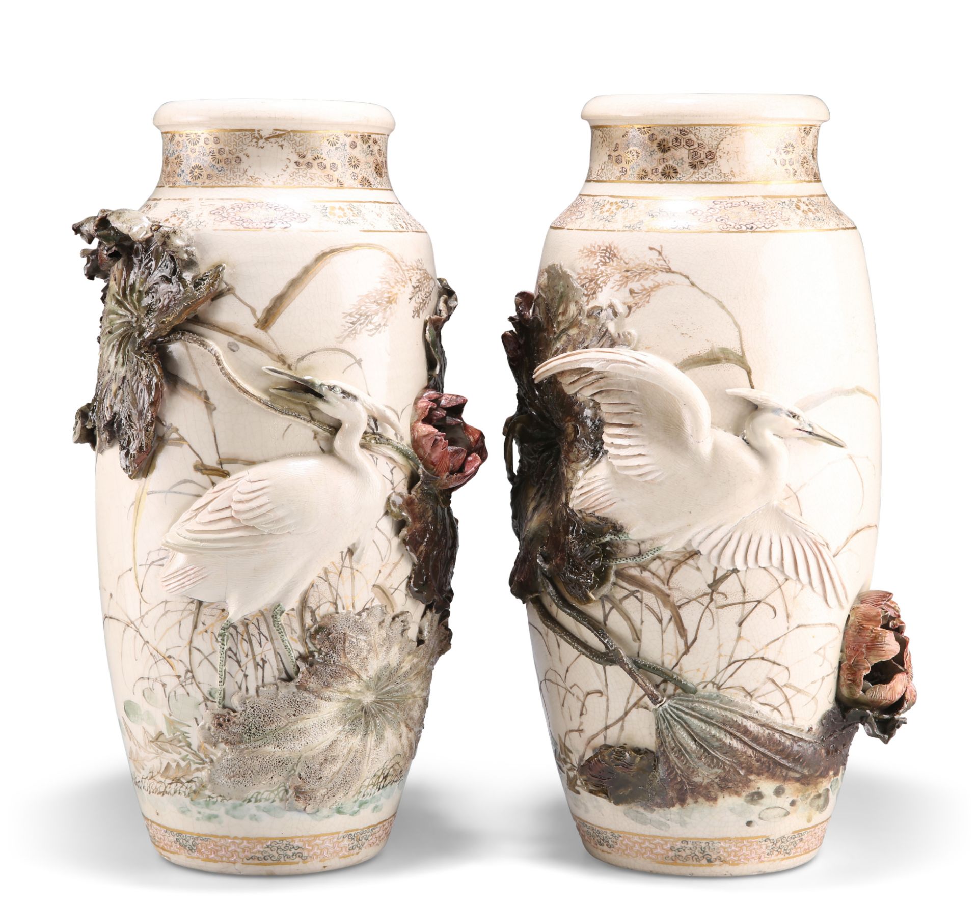 A LARGE PAIR OF JAPANESE SATSUMA VASES WITH APPLIQUÉ DECORATION