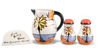 LORNA BAILEY FOR OLD ELLGREAVE POTTERY, A 'BEACH' JUG AND A PAIR OF SALT AND PEPPER SHAKERS