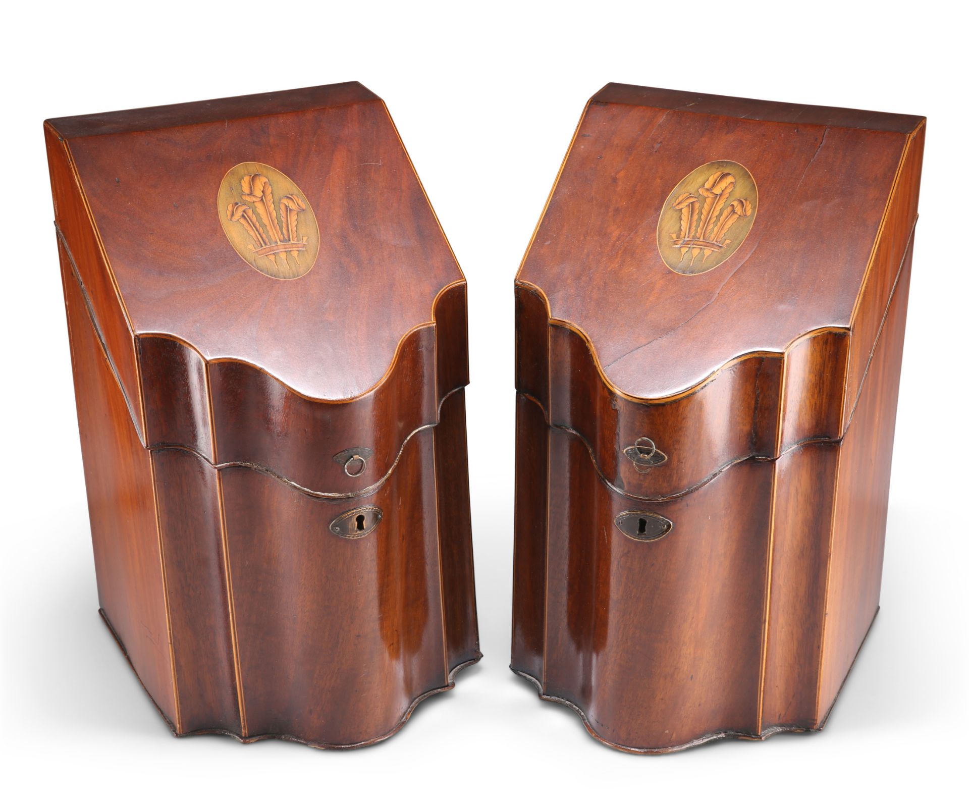 A PAIR OF GEORGE III INLAID MAHOGANY SERPENTINE KNIFE BOXES