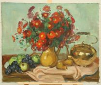 CONTINENTAL SCHOOL, STILL LIFE OF A VASE OF FLOWERS, FRUIT AND TEAPOT