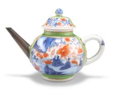 AN 18TH CENTURY CHINESE CLOBBERED PORCELAIN SMALL TEAPOT AND COVER
