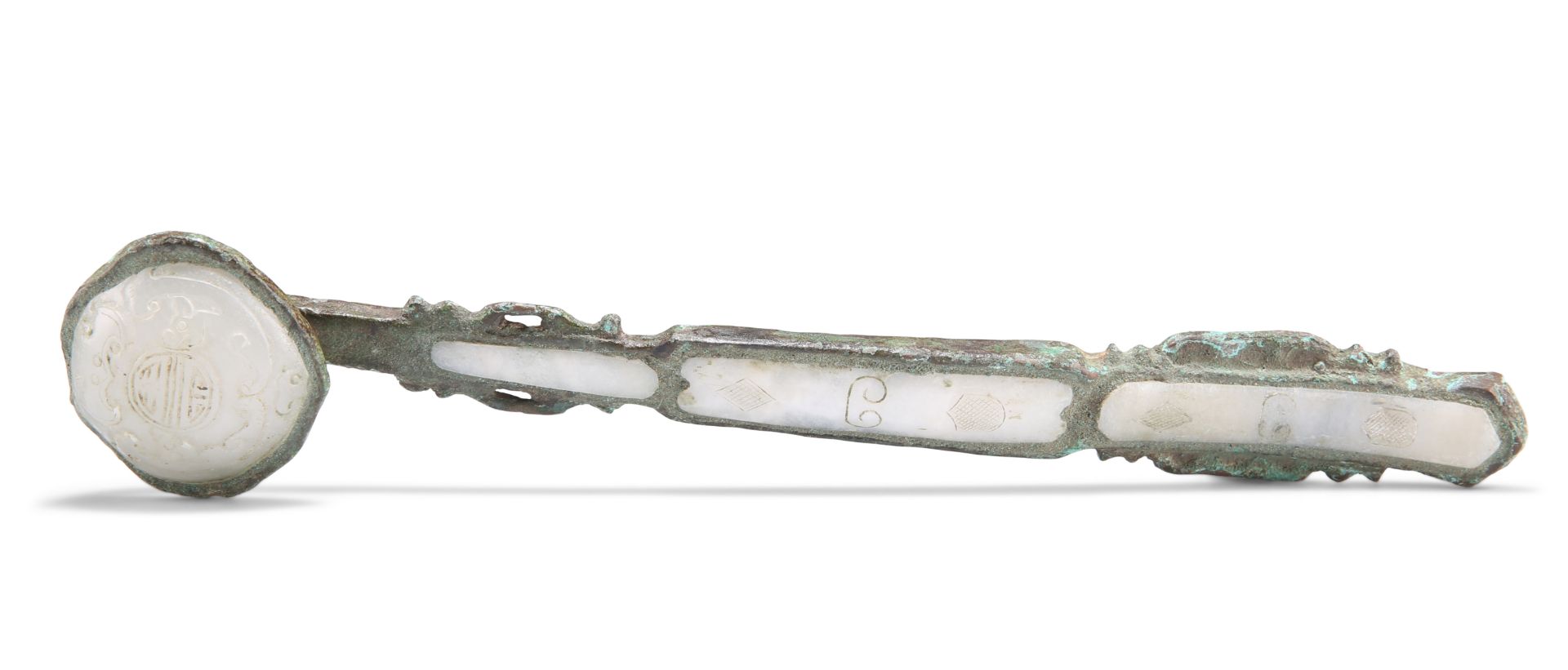 A CHINESE JADE-MOUNTED BRONZE RUYI SCEPTRE, IN ARCHAIC STYLE