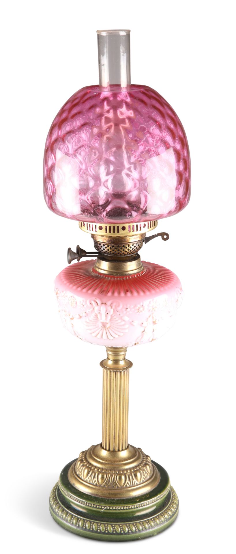 A VICTORIAN POTTERY AND BRASS OIL LAMP
