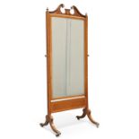 A SHERATON REVIVAL SATINWOOD INLAID MAHOGANY CHEVAL MIRROR