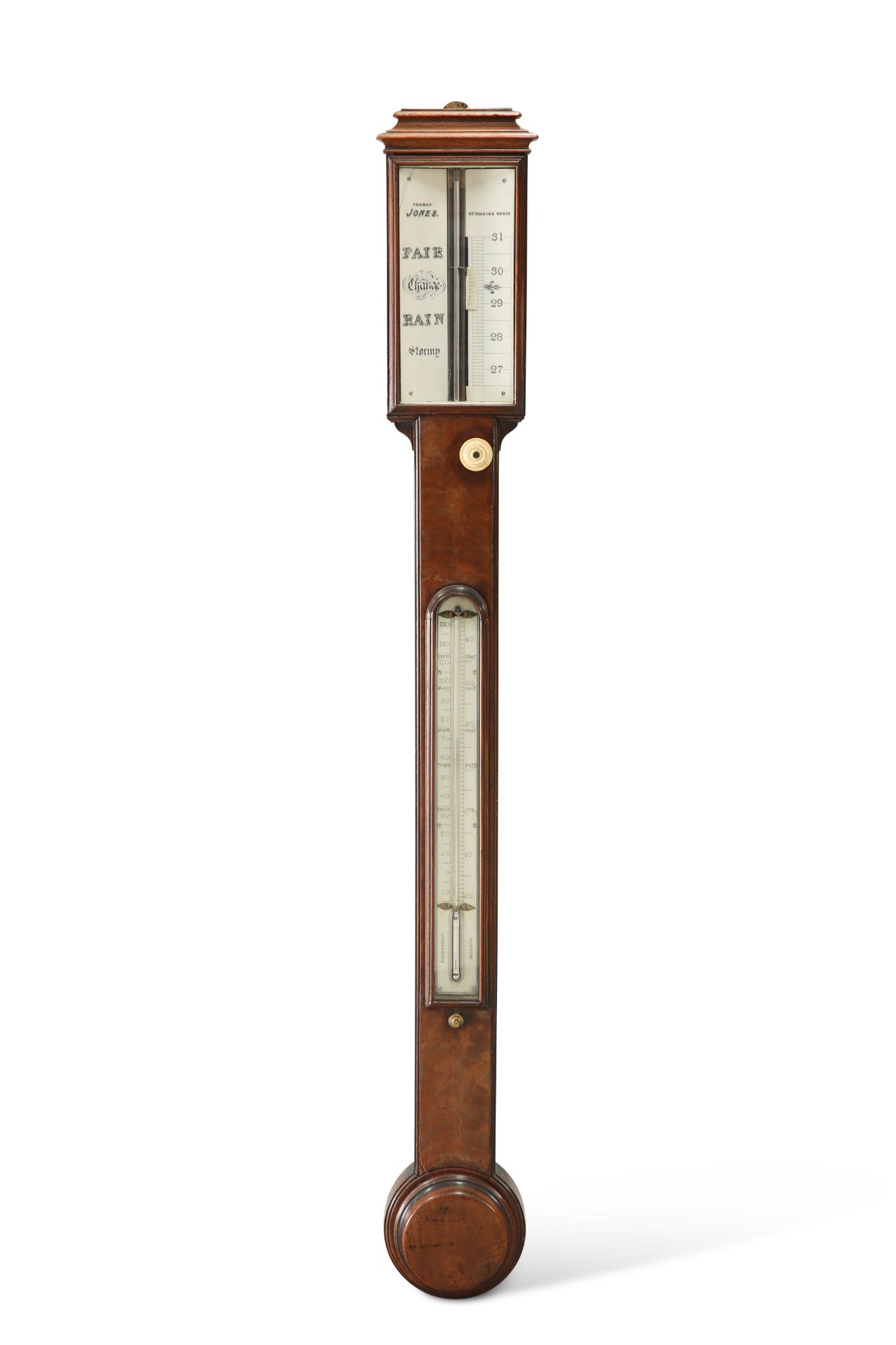 AN EARLY 19TH CENTURY MAHOGANY STICK BAROMETER, BY THOMAS JONES, 62 CHARING CROSS