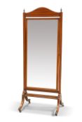 AN EDWARDIAN SATINWOOD INLAID MAHOGANY CHEVAL MIRROR