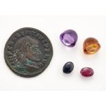 FOUR LOOSE GEMSTONES AND A ROMAN COIN
