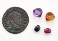 FOUR LOOSE GEMSTONES AND A ROMAN COIN