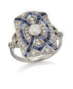 AN 18 CARAT WHITE GOLD ART DECO-STYLE SAPPHIRE AND DIAMOND RING