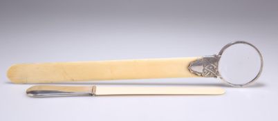 A GEORGE V SILVER-MOUNTED IVORY PAGE TURNER AND MAGNIFYING GLASS COMBINATION