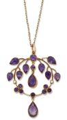 A LATE VICTORIAN AMETHYST AND SEED PEARL PENDANT ON CHAIN