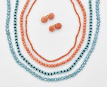 A PAIR OF CORAL DOUBLE CUFFLINKS, TWO CORAL NECKLACES AND TWO STRANDS OF BEADS