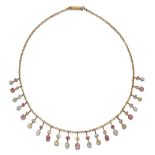 AN AQUAMARINE, CHRYSOBERYL AND PINK TOURMALINE FRINGE NECKLACE,