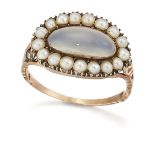 A MOONSTONE, SEED PEARL AND DIAMOND CLUSTER RING