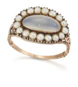 A MOONSTONE, SEED PEARL AND DIAMOND CLUSTER RING