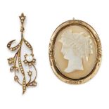 A VICTORIAN SHELL CAMEO BROOCH, AND A PEARL PENDANT