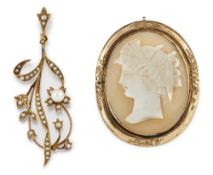 A VICTORIAN SHELL CAMEO BROOCH, AND A PEARL PENDANT