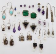 SIXTEEN PAIRS OF GEMSTONE SET AND SILVER EARRINGS