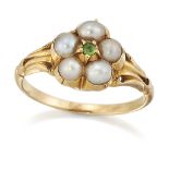 A GREEN GARNET AND SPLIT PEARL CLUSTER RING