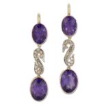 A PAIR OF AMETHYST AND DIAMOND PENDANT EARRINGS