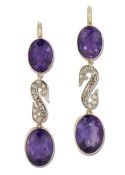 A PAIR OF AMETHYST AND DIAMOND PENDANT EARRINGS