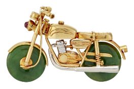 A JADE AND RUBY NOVELTY MOTORBIKE BROOCH