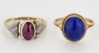 A 9 CARAT GOLD LAPIS LAZULI RING AND A RUBY AND DIAMOND RING