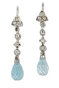 A PAIR OF AQUAMARINE AND DIAMOND PENDANT EARRINGS