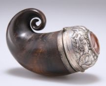 A 19TH CENTURY SCOTTISH SILVER-MOUNTED HORN SNUFF MULL