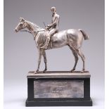 A SILVER-PLATED MODEL OF THE THOROUGHBRED RACEHORSE “MARGRAVE” WITH JOCKEY UP